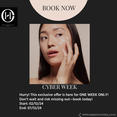 A woman applying skincare product, promoting a limited-time offer for Cyber Week.